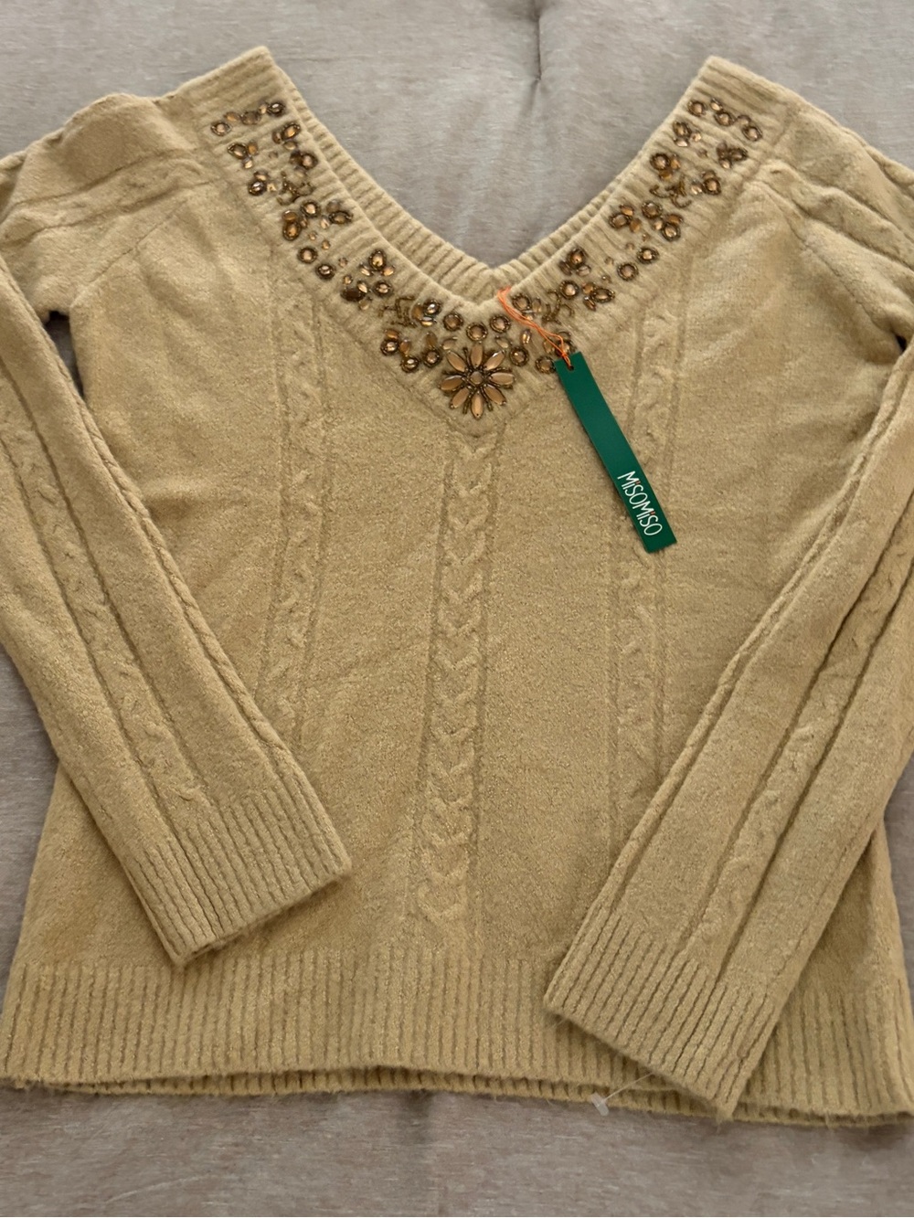MisoMiso Embellished V-Neck Cable Knit Sweater in Beige / Tan